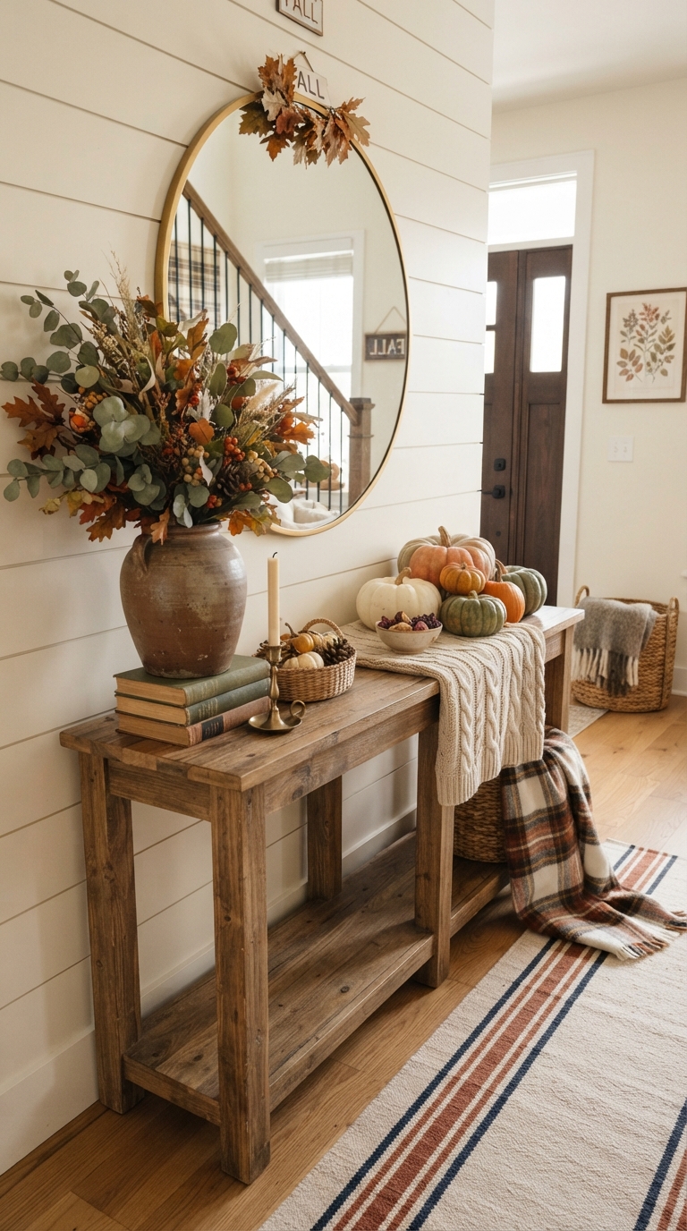Asymmetrical fall decor layout styled on entry table