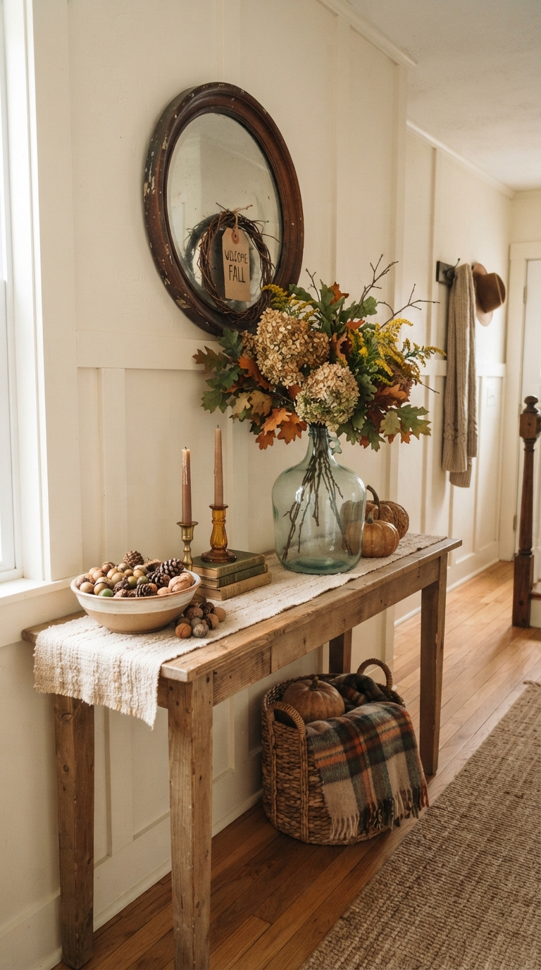 Budget-friendly fall entry table decorated with thrifted and foraged pieces