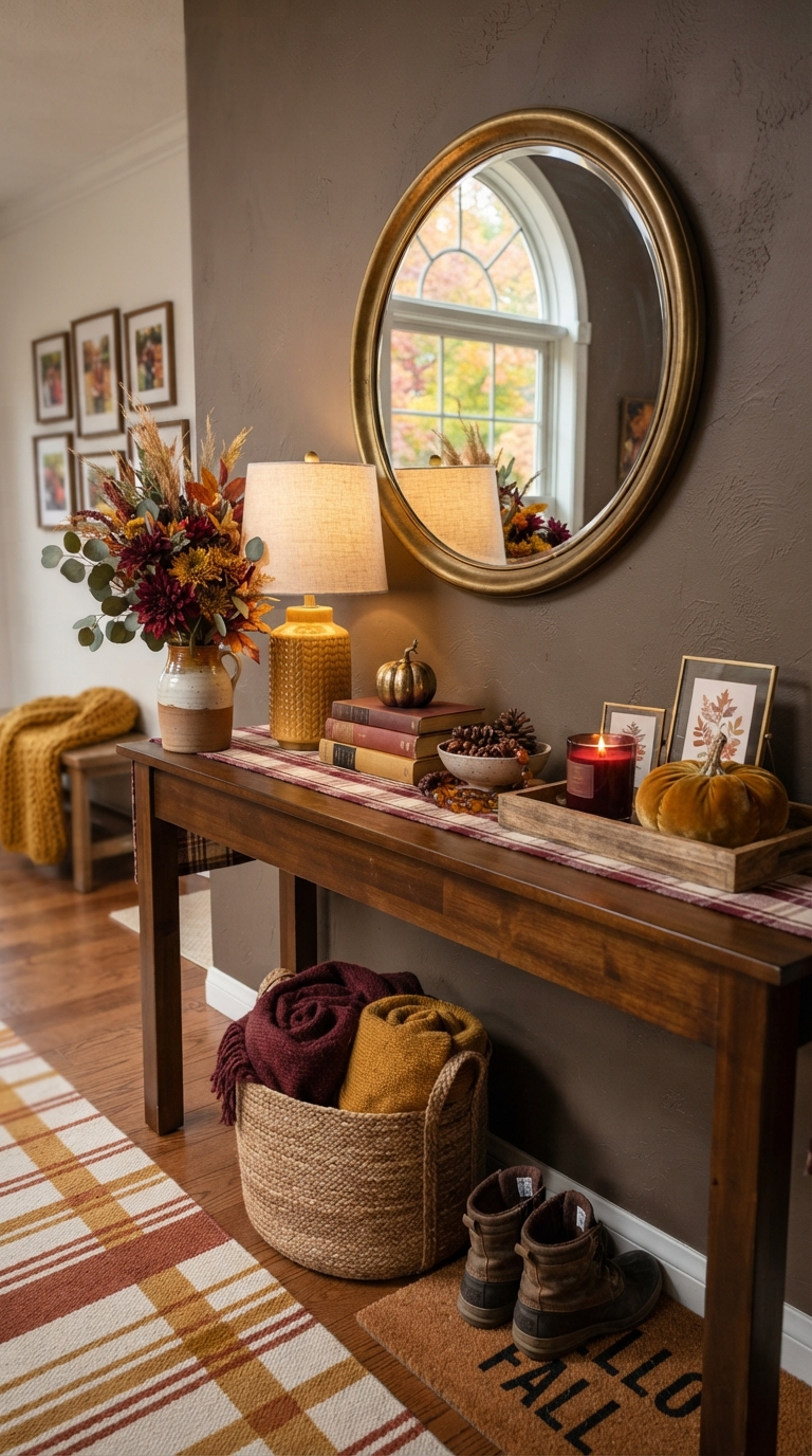 Burgundy and mustard color palette styled on a fall entry table