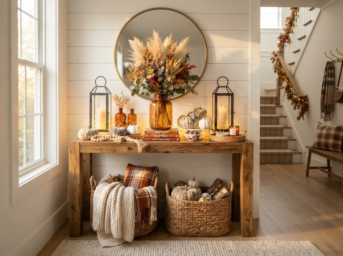 Modern fall entry table decorated with pumpkins, candles, dried wheat, and cozy autumn accents