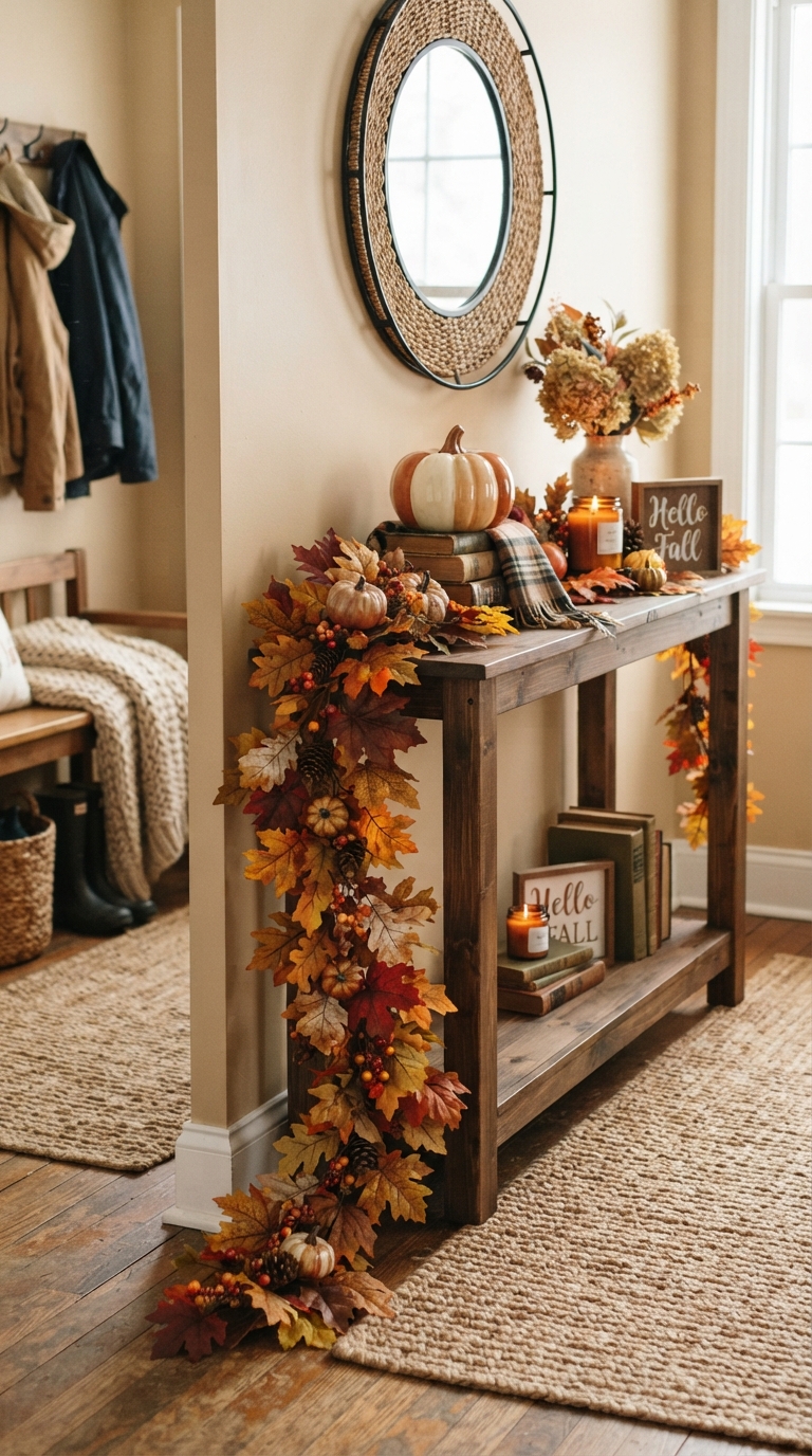 Fall garland draped off the edge of a styled entry table