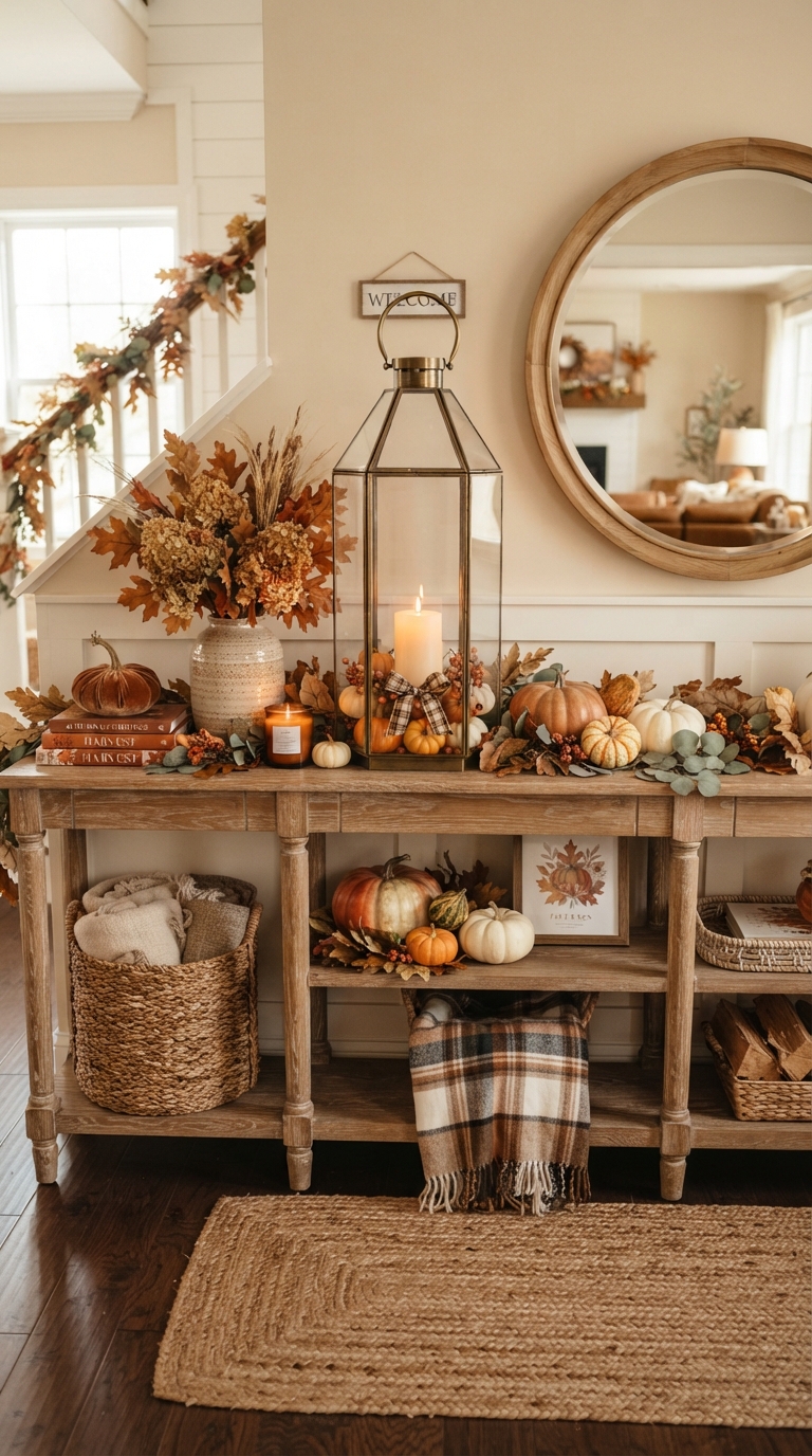 Tall lantern adding height to a fall entry table display