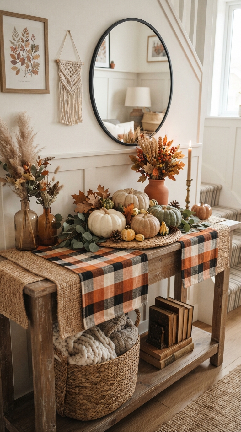 Fall entry table decorated with a layered jute and plaid runner