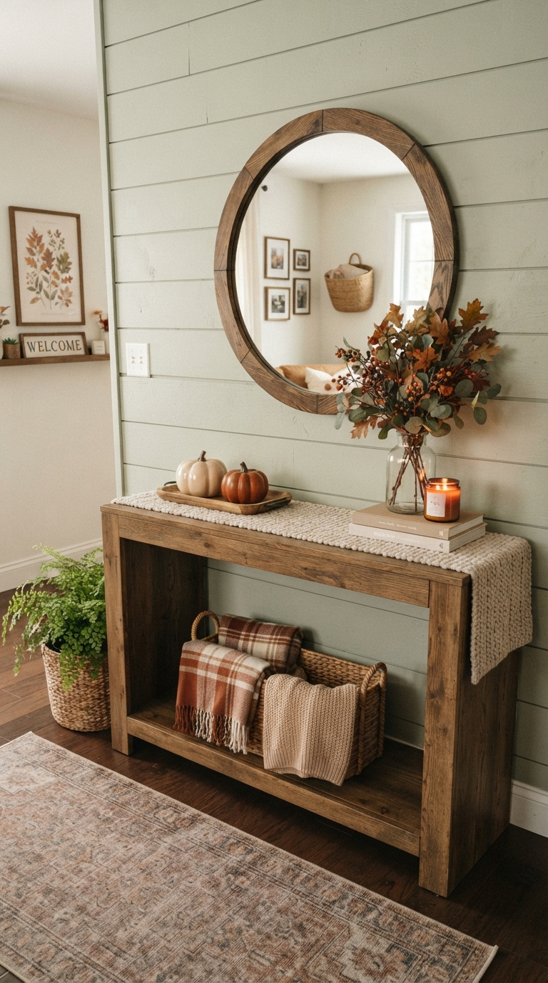 Round mirror framing a fall-decorated entry table
