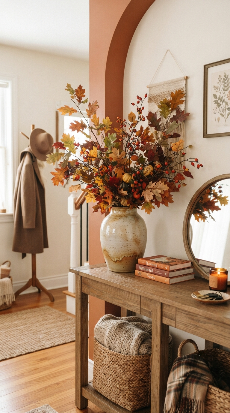 Entry table styled with a mix of real and faux fall foliage
