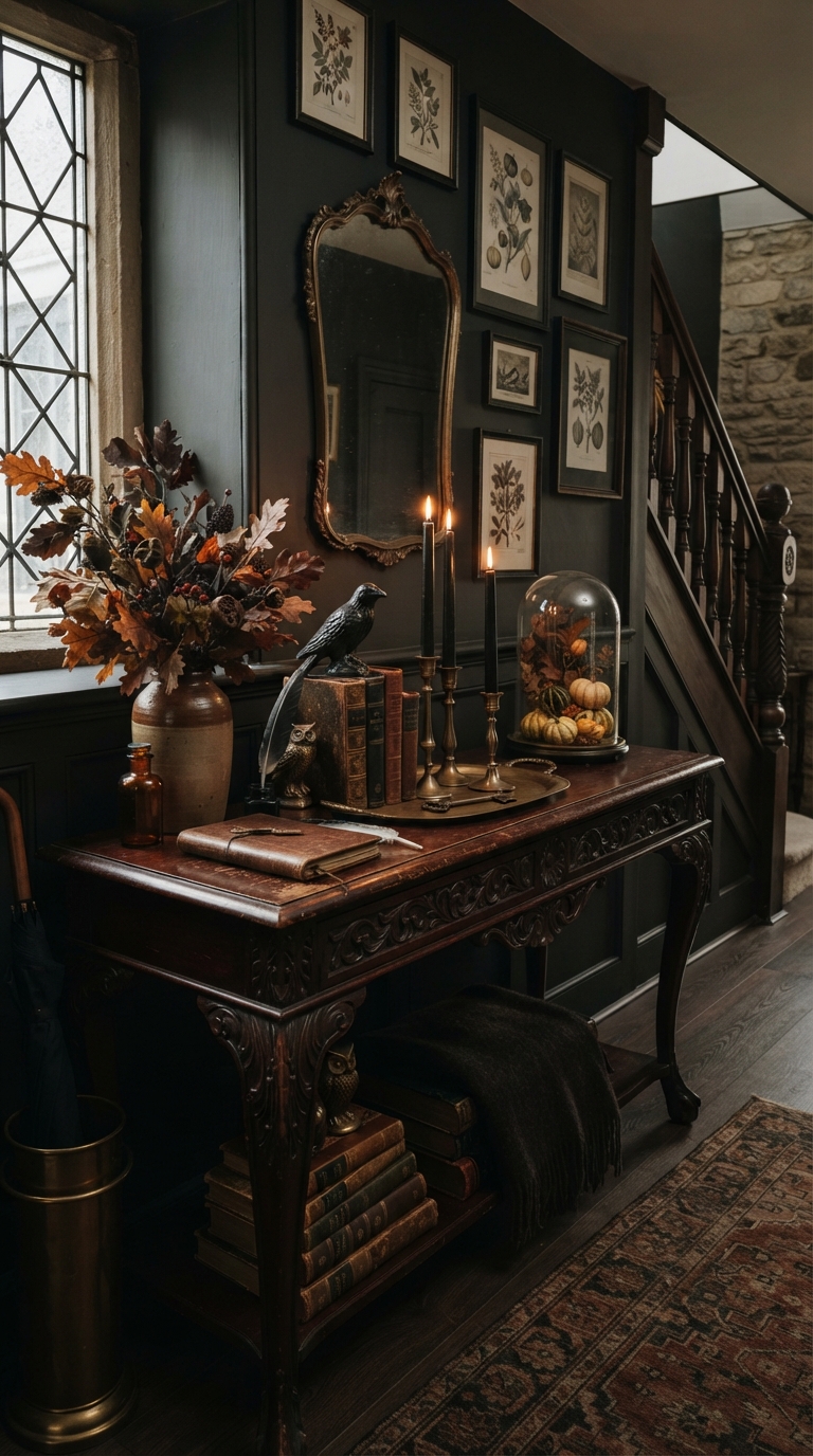 Moody dark academia styled fall entry table decor