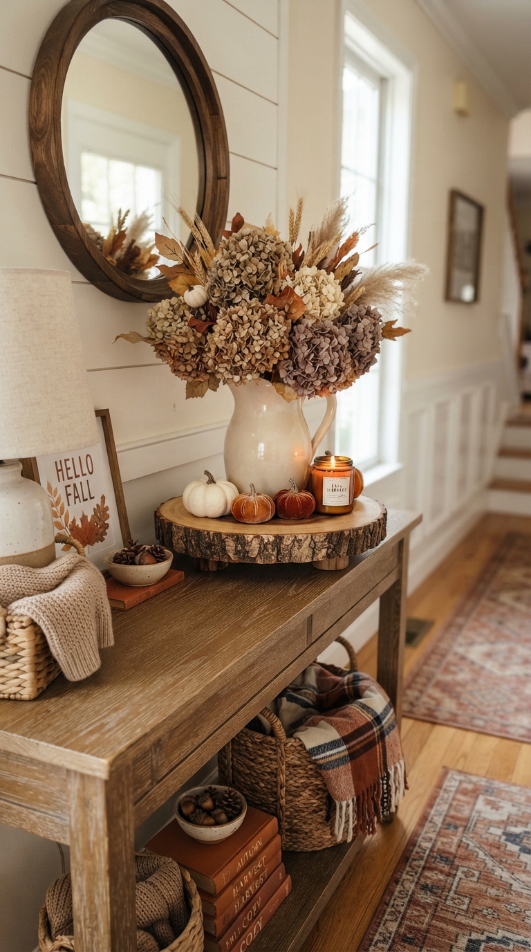 Natural wood and dried florals adding texture to a fall entry table