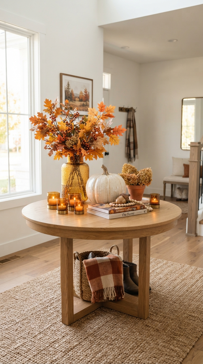 Round entry table styled with a centered fall decor arrangement