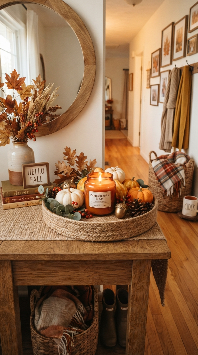 Fall scented candle styled on a decorative entry table tray