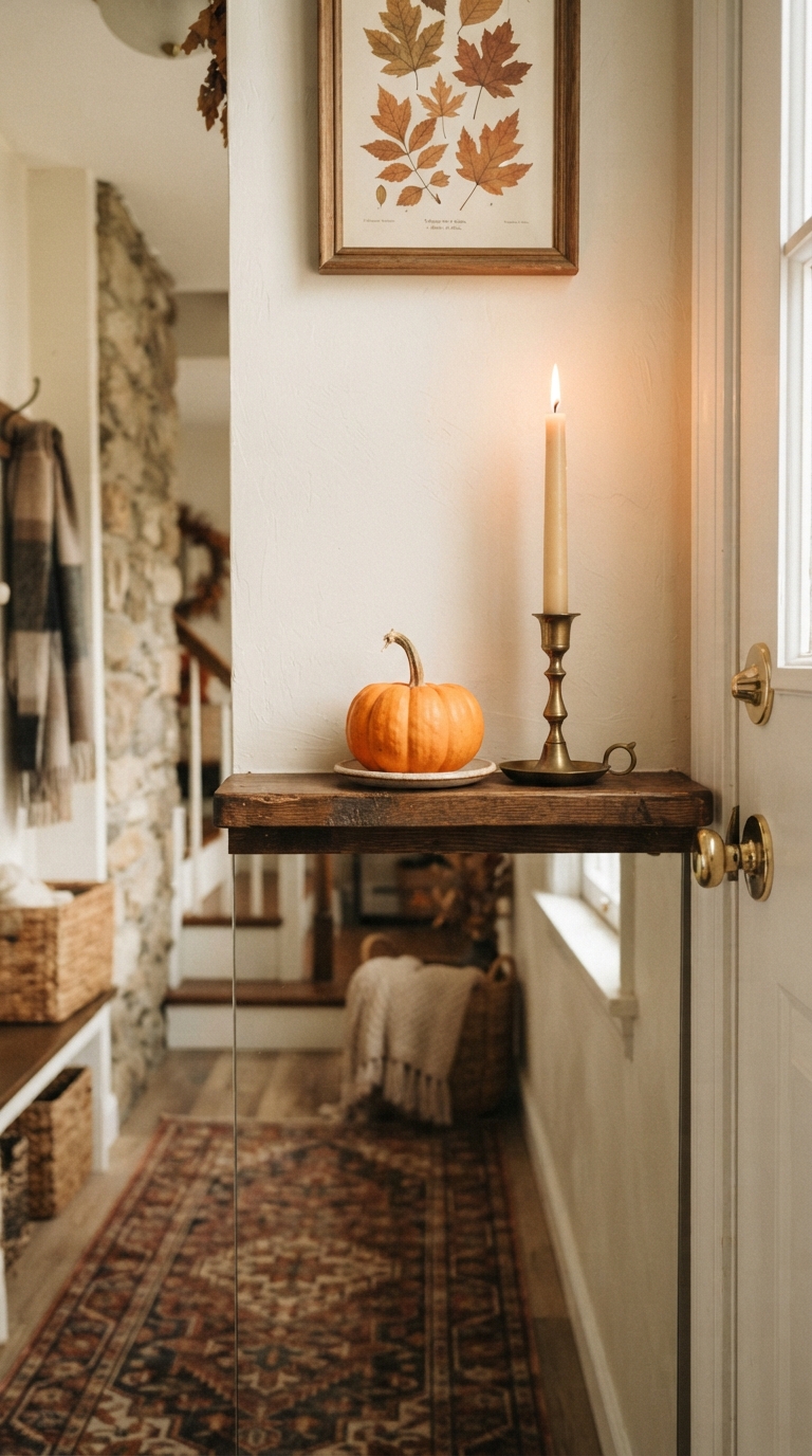 Narrow entryway ledge styled with minimal fall decor for small spaces