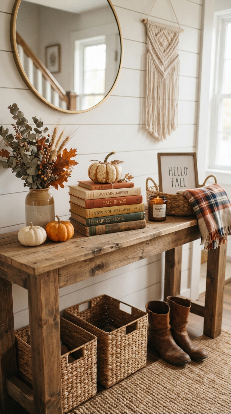 Stacked books adding height to a fall entry table vignette