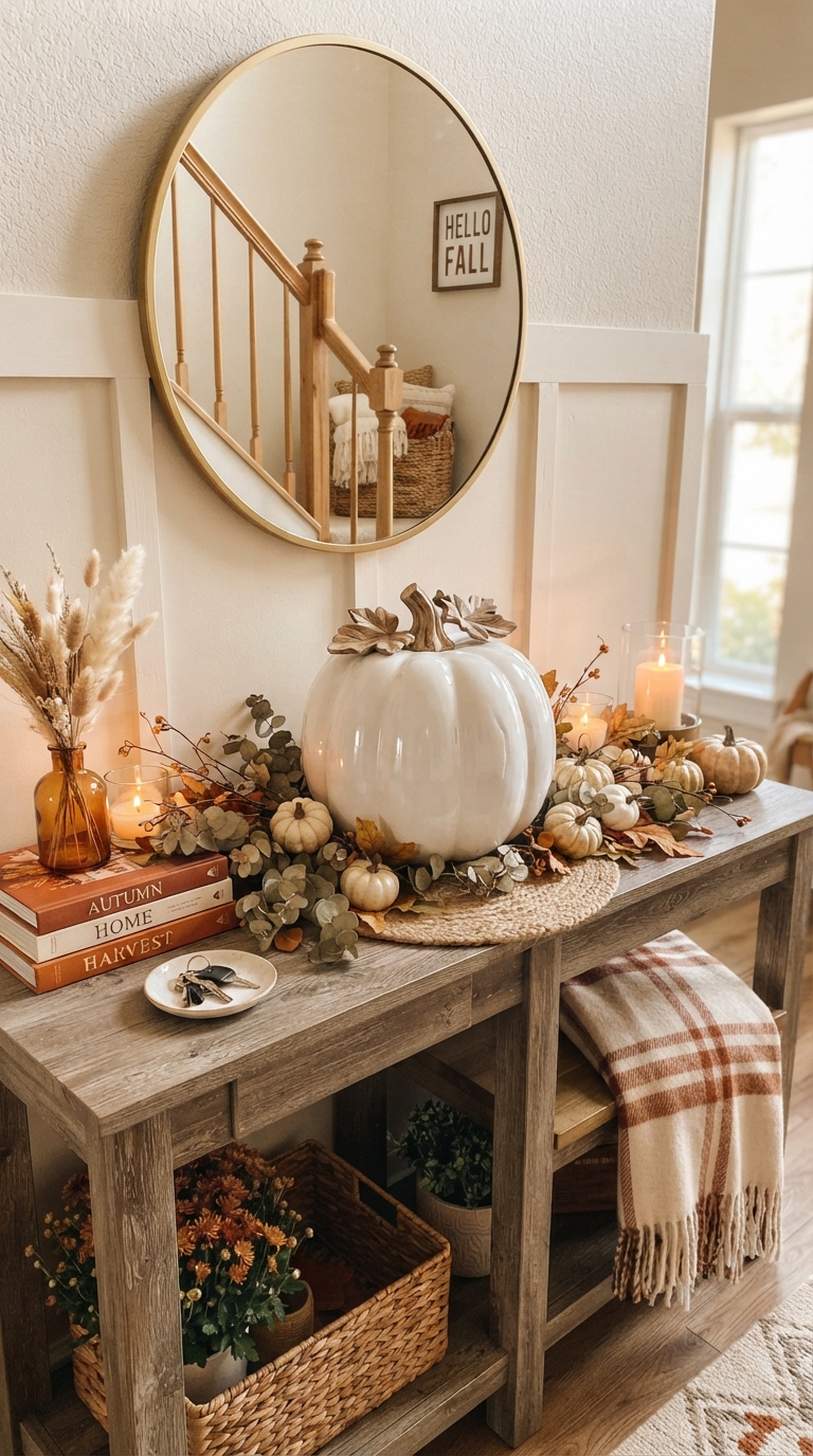 Large statement pumpkin styled as the focal point of a fall entry table