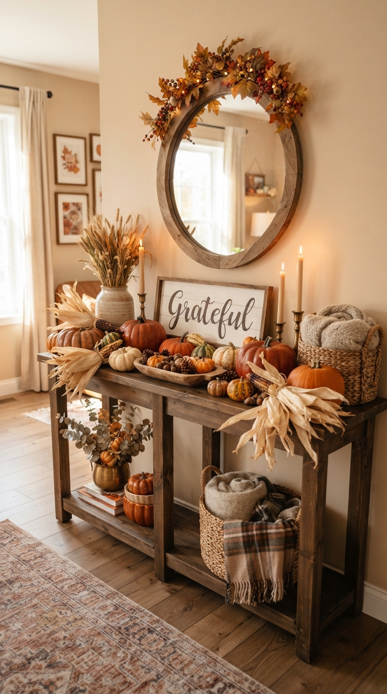 Fall entry table transitioning into Thanksgiving decor