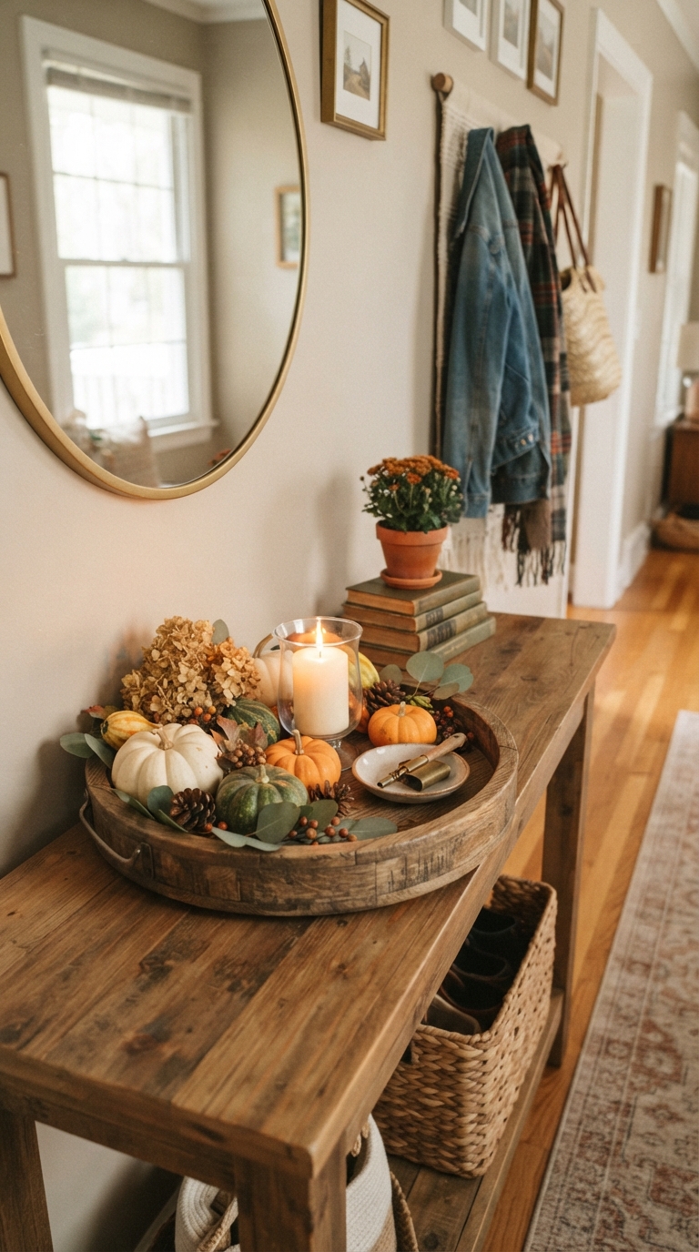 Decorative tray corralling small fall decor items on entry table