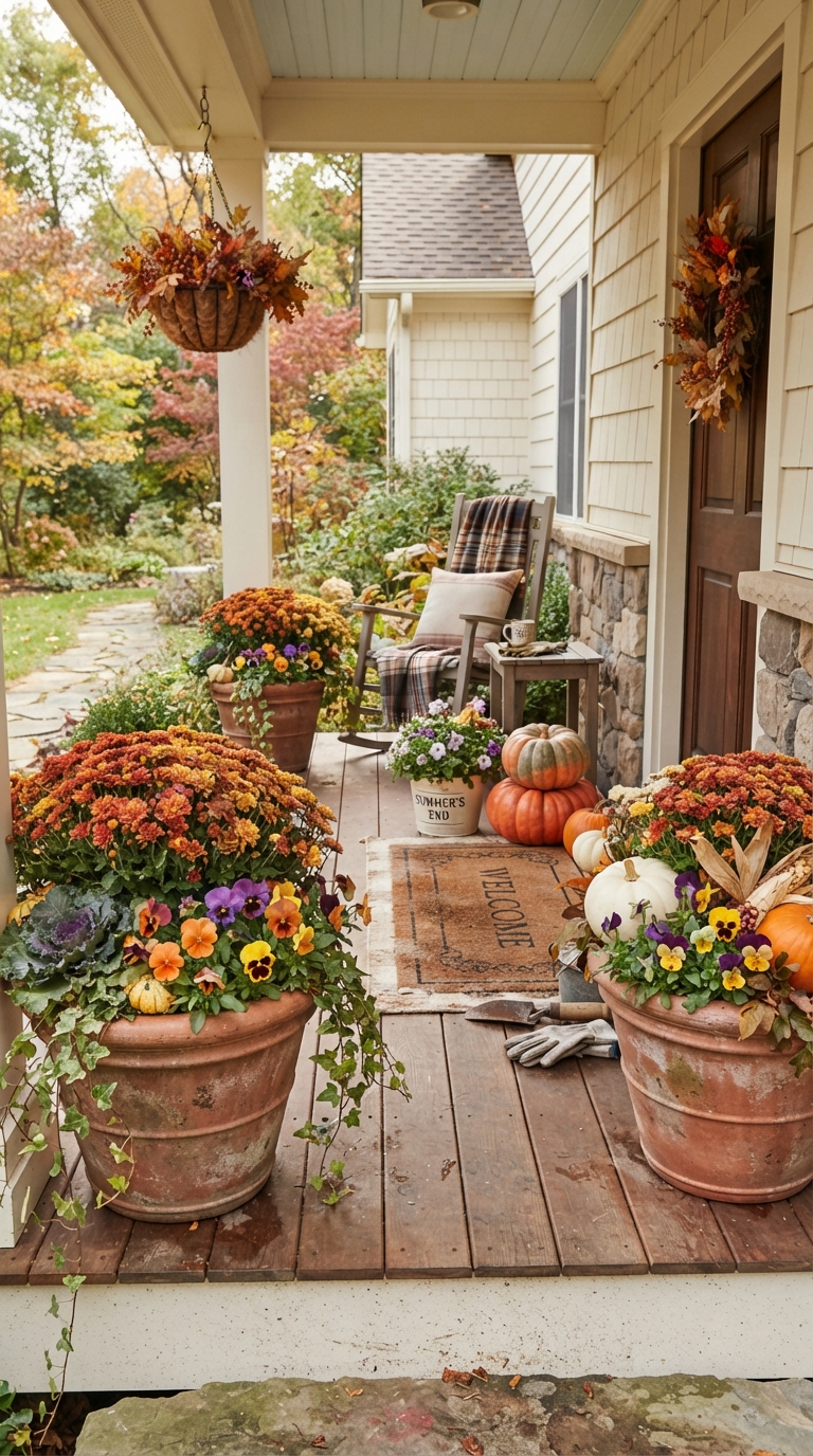 Fall planter swap with mums and pansies for porch decor