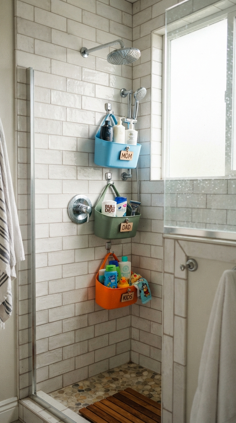 Zoned shower storage with individual baskets for a shared family bathroom