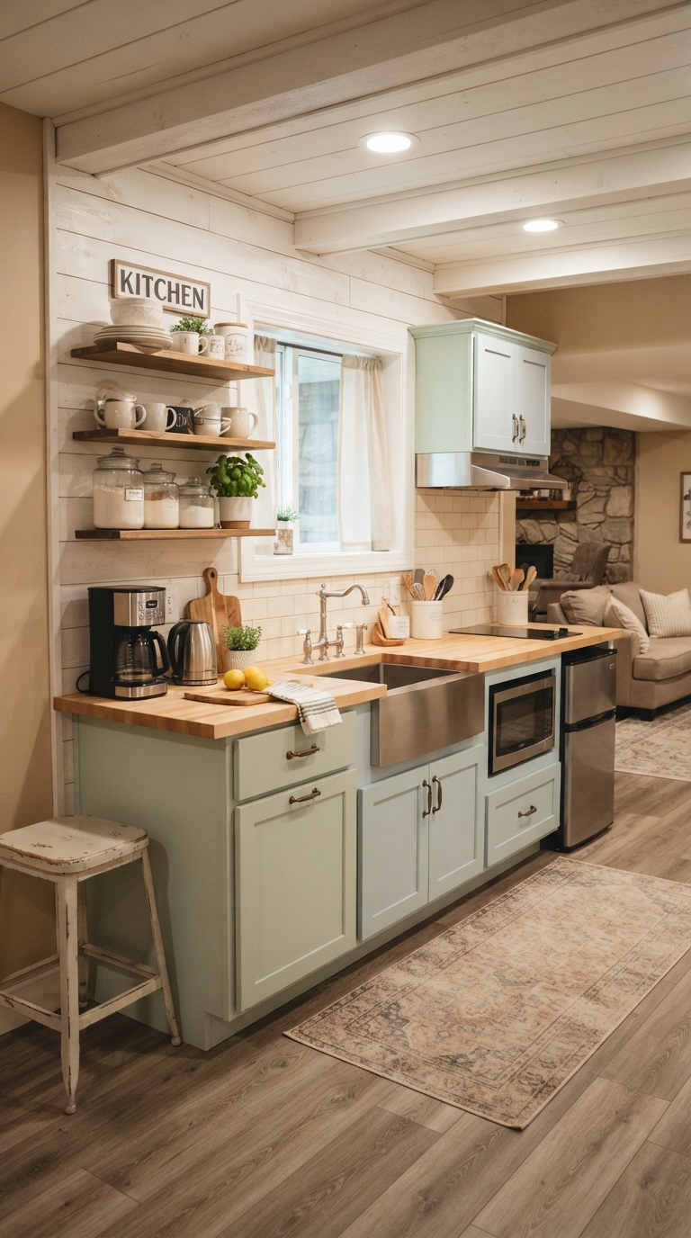 Farmhouse style basement kitchenette idea with shiplap