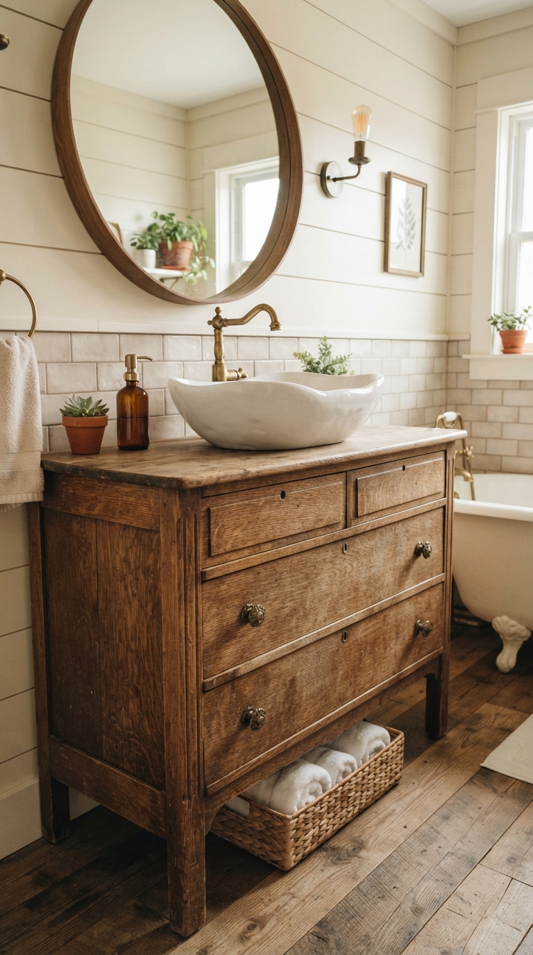 Antique dresser converted into farmhouse bathroom vanity with vessel sink