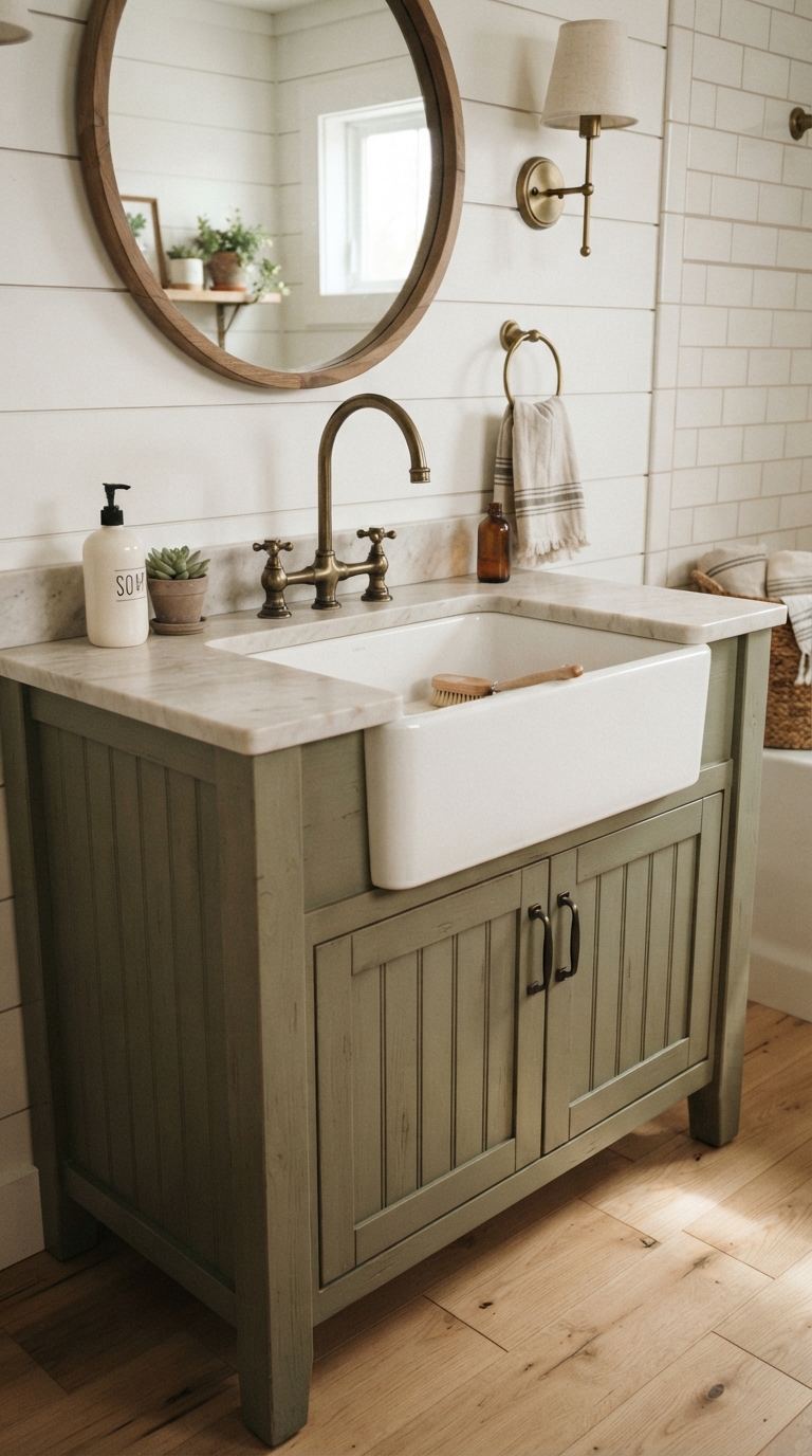 White apron-front sink with gooseneck faucet in farmhouse bathroom