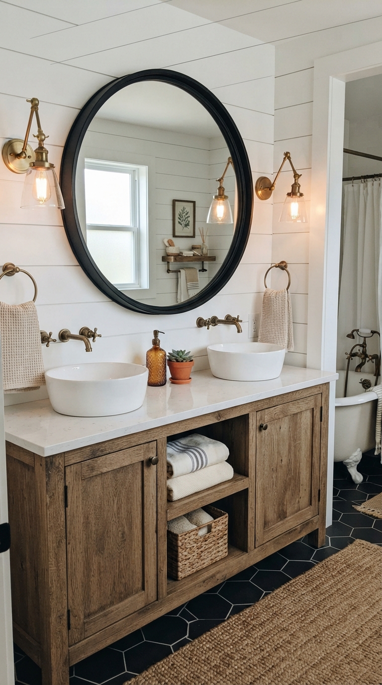 Round black metal framed mirror in farmhouse bathroom
