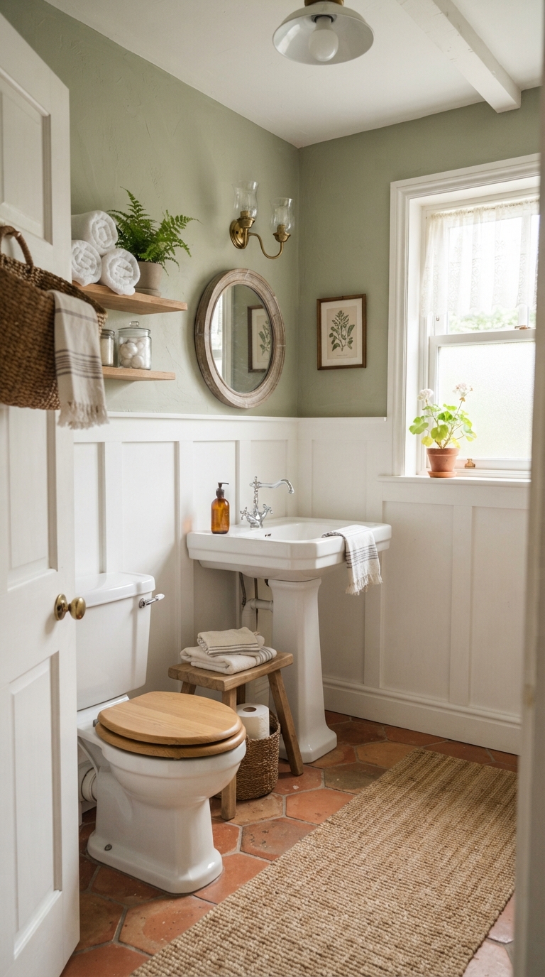 Farmhouse bathroom with white board and batten wall and sage green paint