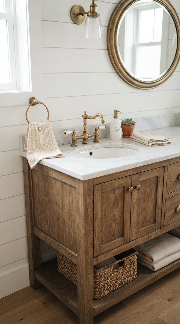 Unlacquered brass faucet and hardware in farmhouse bathroom