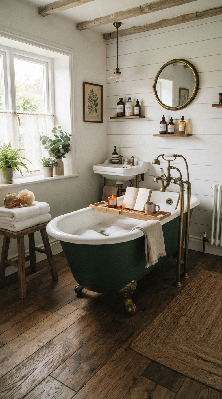 Moody green clawfoot tub with brass fixtures in farmhouse bathroom