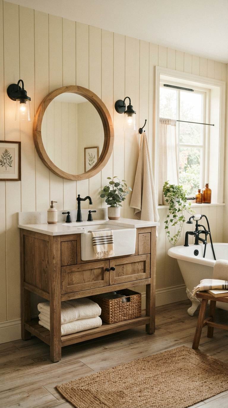 Farmhouse bathroom with cream vertical shiplap walls and matte black sconces