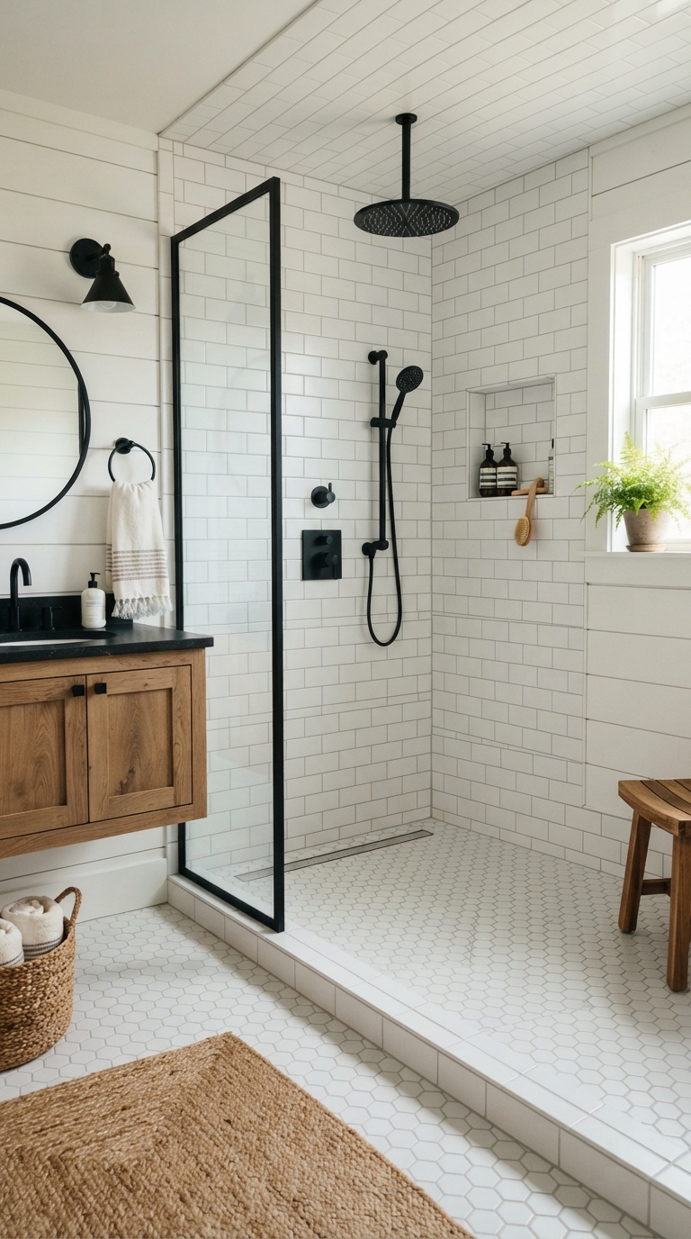 Curbless walk-in shower with rain head in farmhouse bathroom
