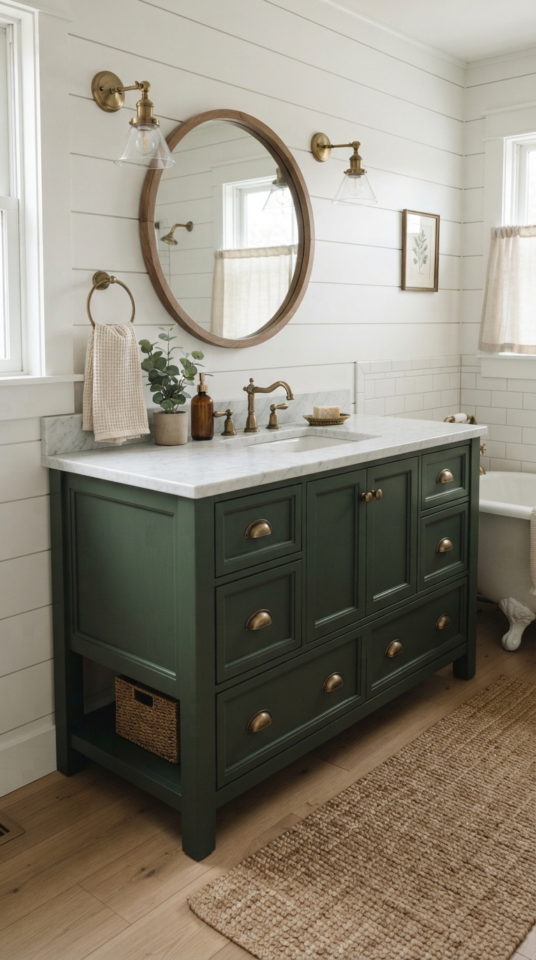 Deep green vanity with brass hardware in farmhouse bathroom