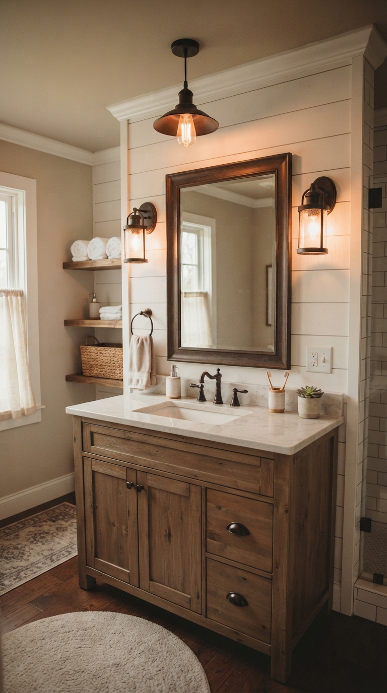 Layered warm lighting with sconces in farmhouse bathroom