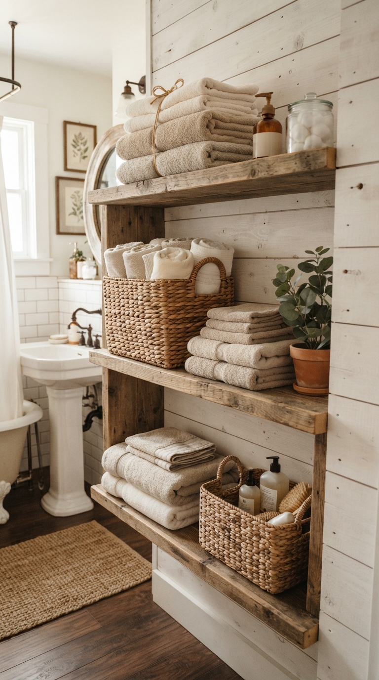 Open wood shelving with towels and basket in farmhouse bathroom