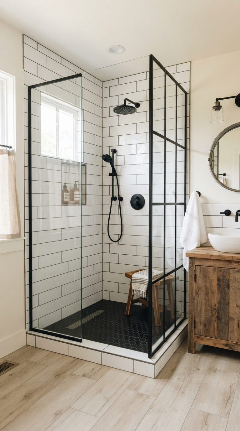Oversized subway tile shower with dark grout in farmhouse bathroom