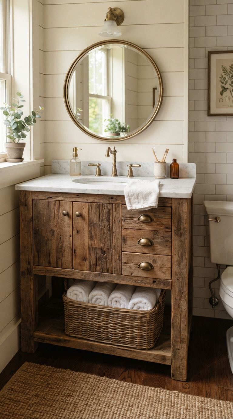 Reclaimed wood farmhouse bathroom vanity with brass hardware and marble top