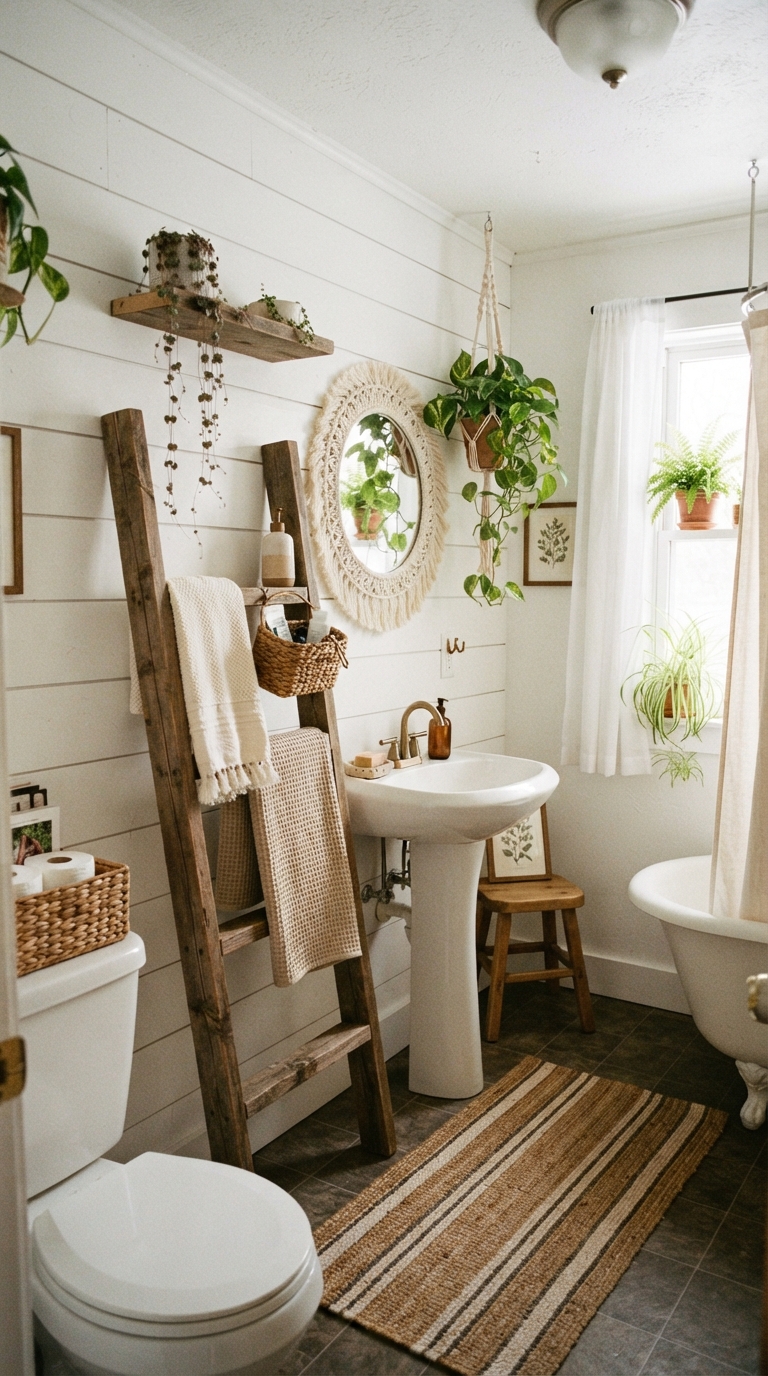 Renter-friendly farmhouse bathroom decor with wooden accents and plants