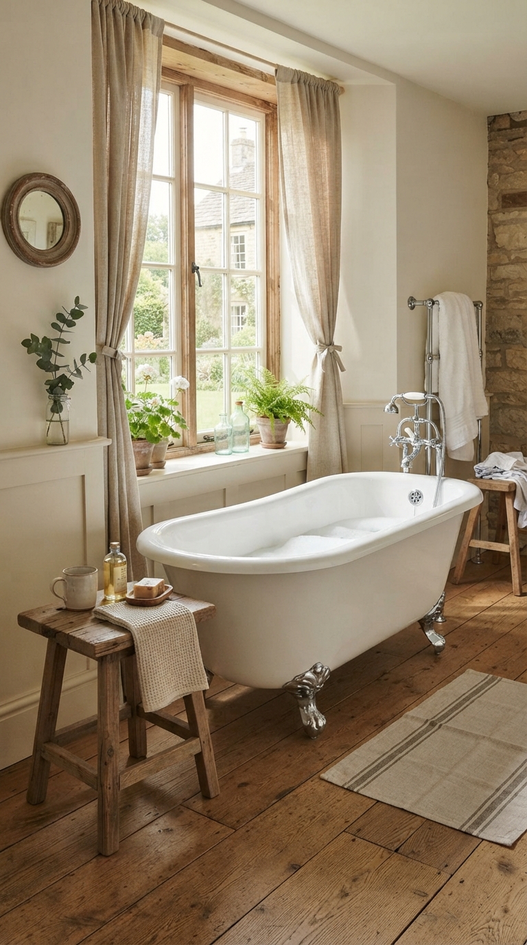 Slipper tub by window with linen curtains in farmhouse bathroom
