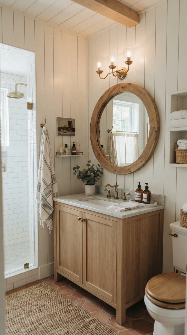 Small farmhouse bathroom with shiplap and oversized mirror
