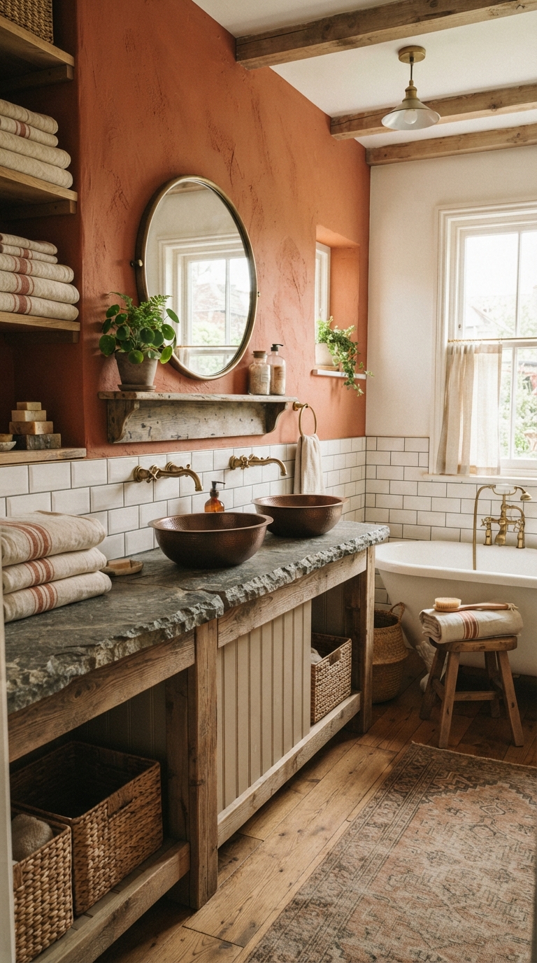 Terracotta accent wall in earthy farmhouse bathroom