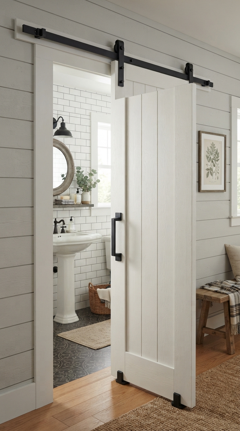 White sliding barn door with black hardware in farmhouse bathroom