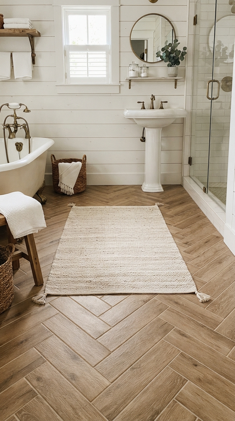 Wood-look porcelain tile floor in herringbone pattern in farmhouse bathroom