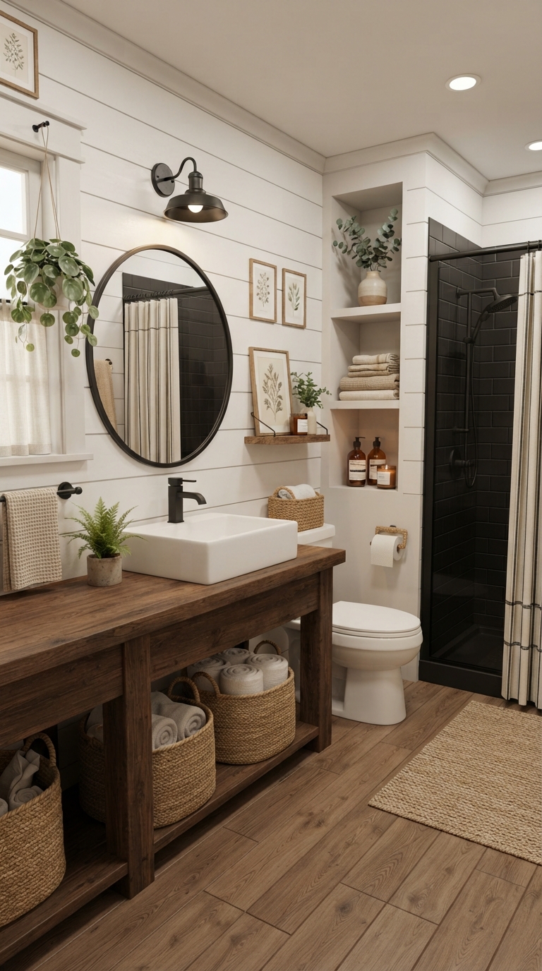 Farmhouse-style Bloxburg bathroom with wood vanity, shiplap walls and black fixtures.