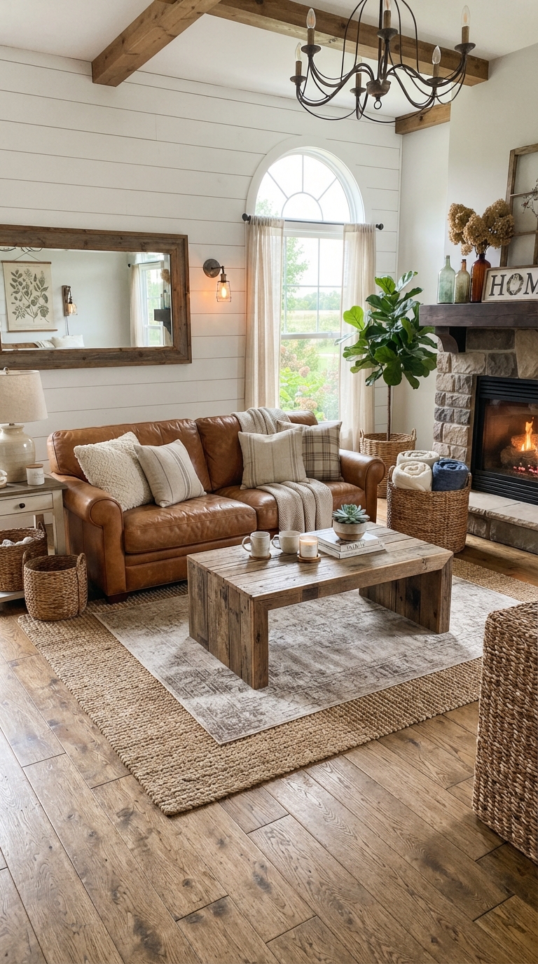 Caramel brown sofa in a farmhouse living room with shiplap wall