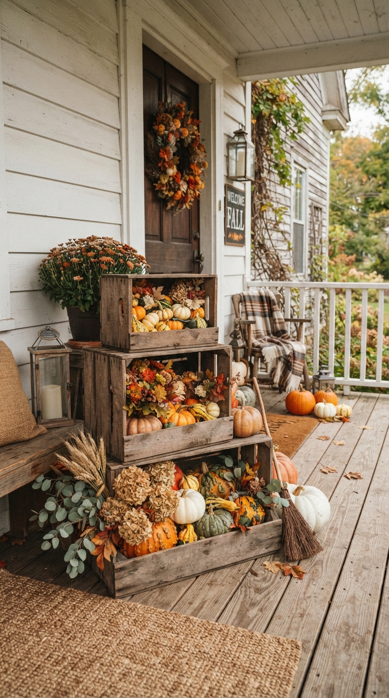 Farmhouse wooden crate pumpkin display for fall porch