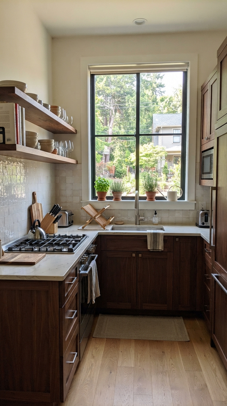 Farmhouse-style dark wood shaker cabinets with apron sink