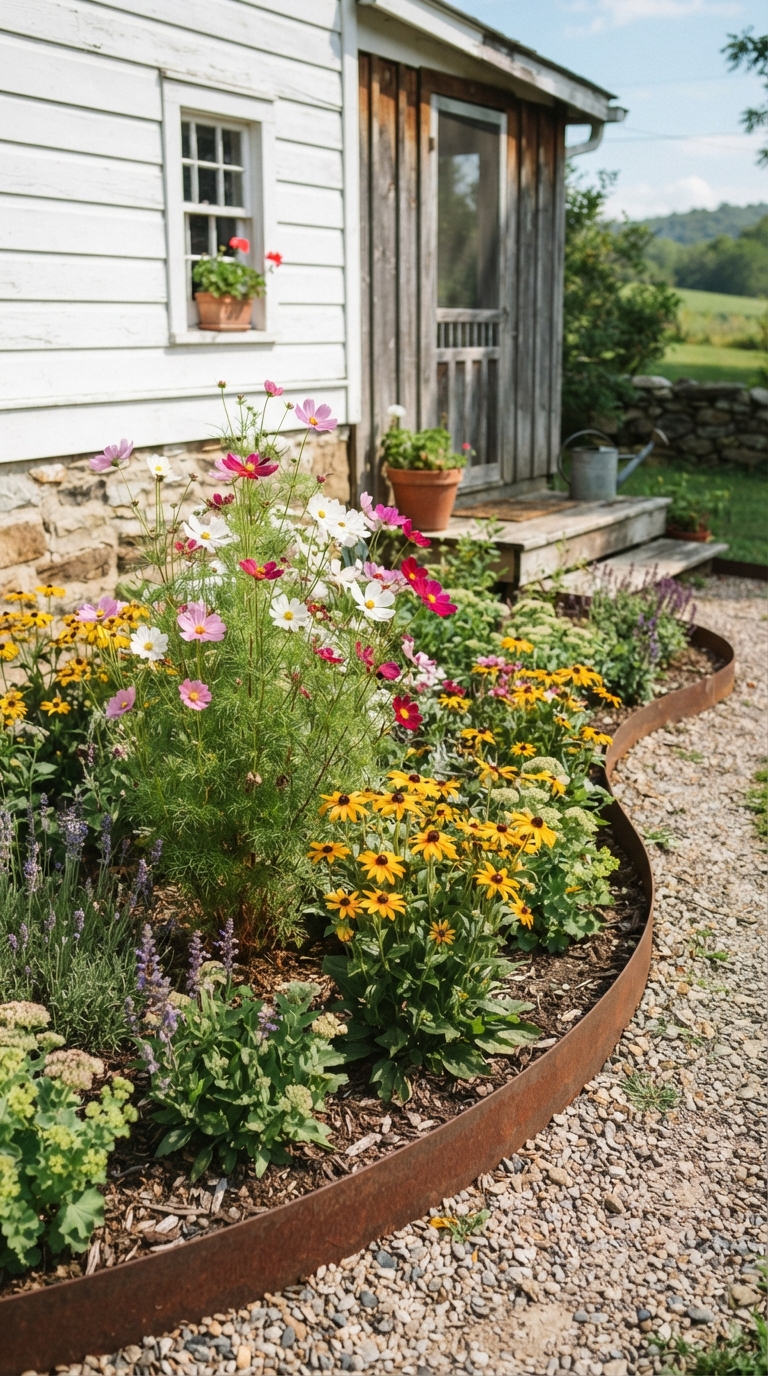 Small farmhouse-style flower bed with metal edging and cosmos flowers
