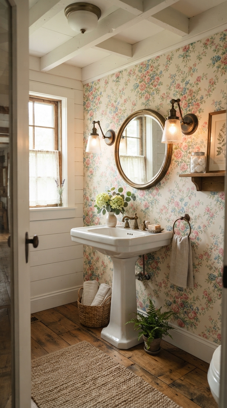 Farmhouse powder room with pedestal sink and floral wallpaper