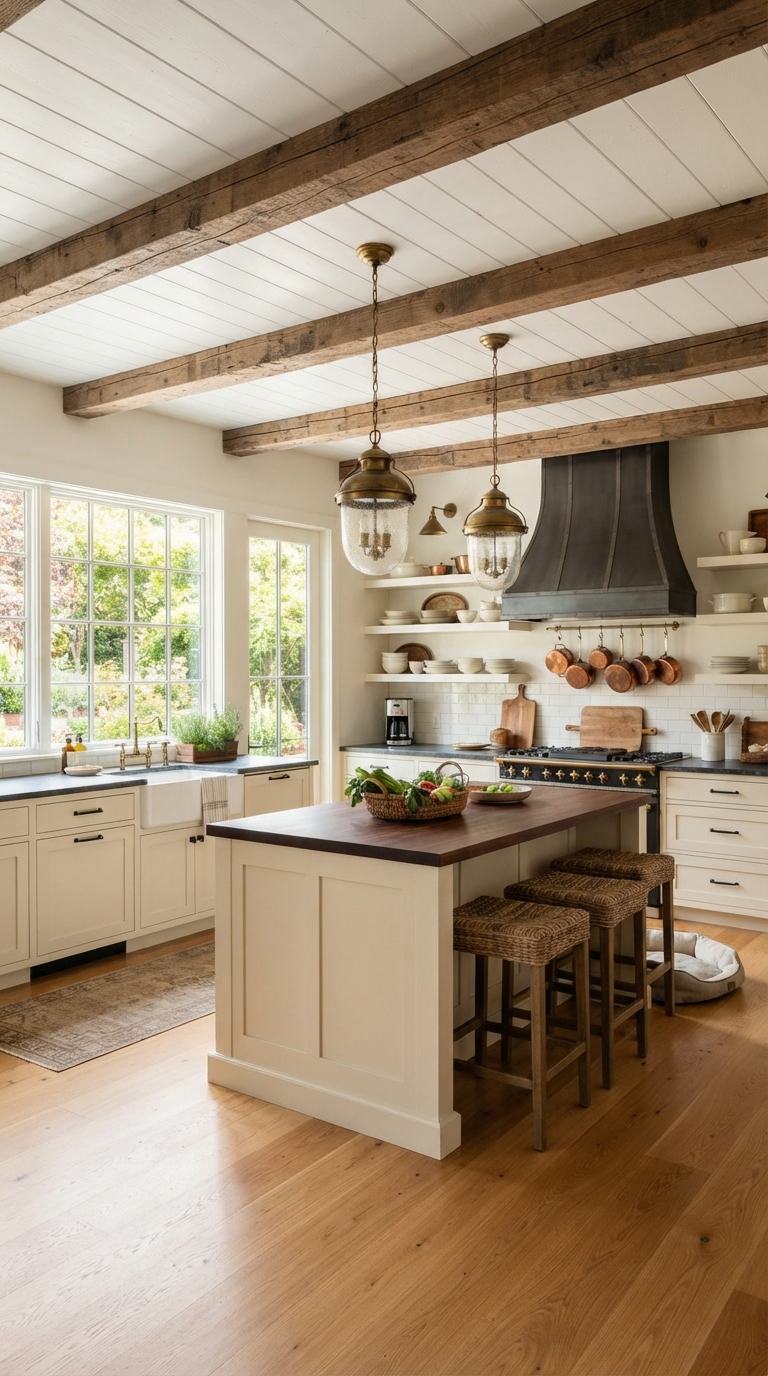 Shiplap-style plywood ceiling in a farmhouse kitchen