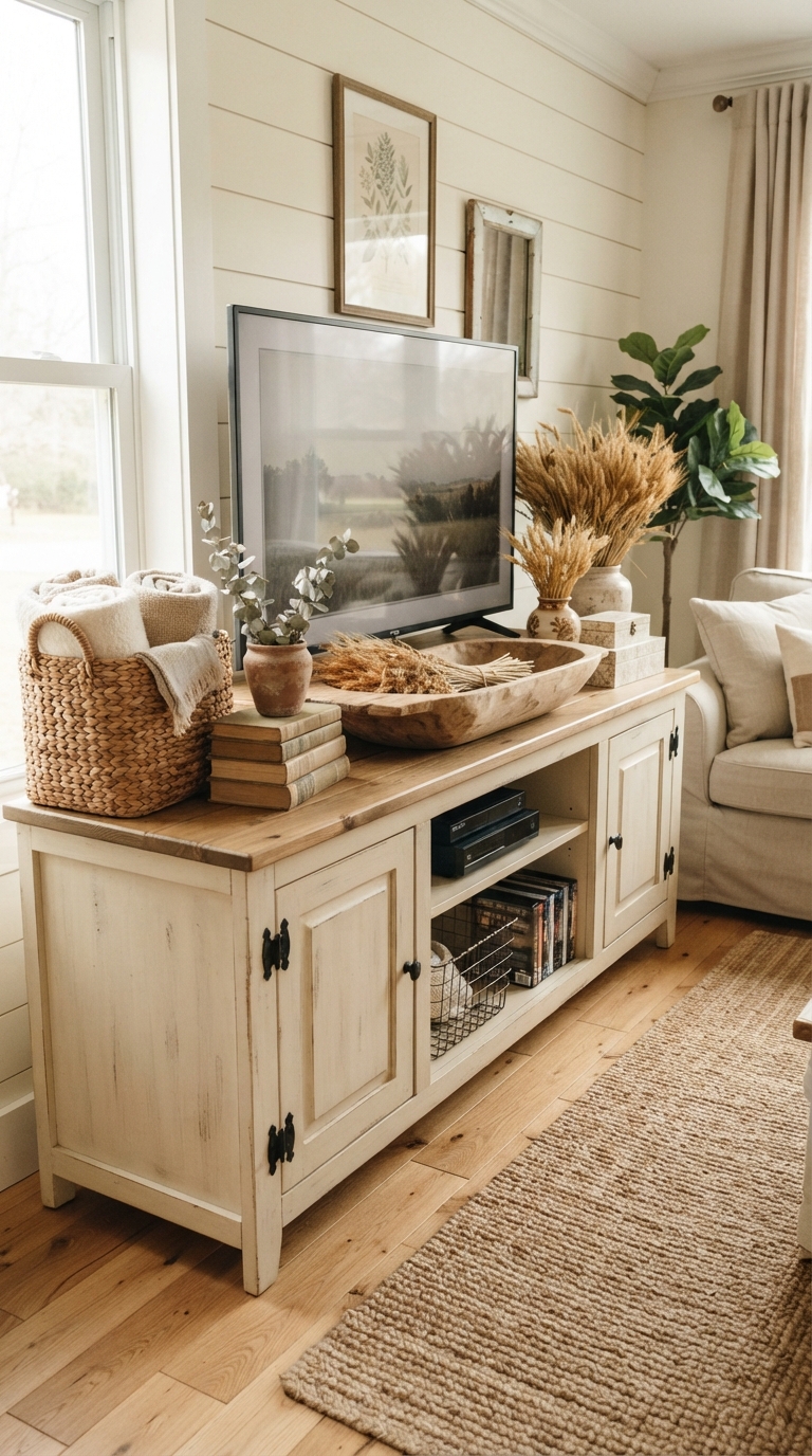 Farmhouse TV console with woven basket and wood bowl styling
