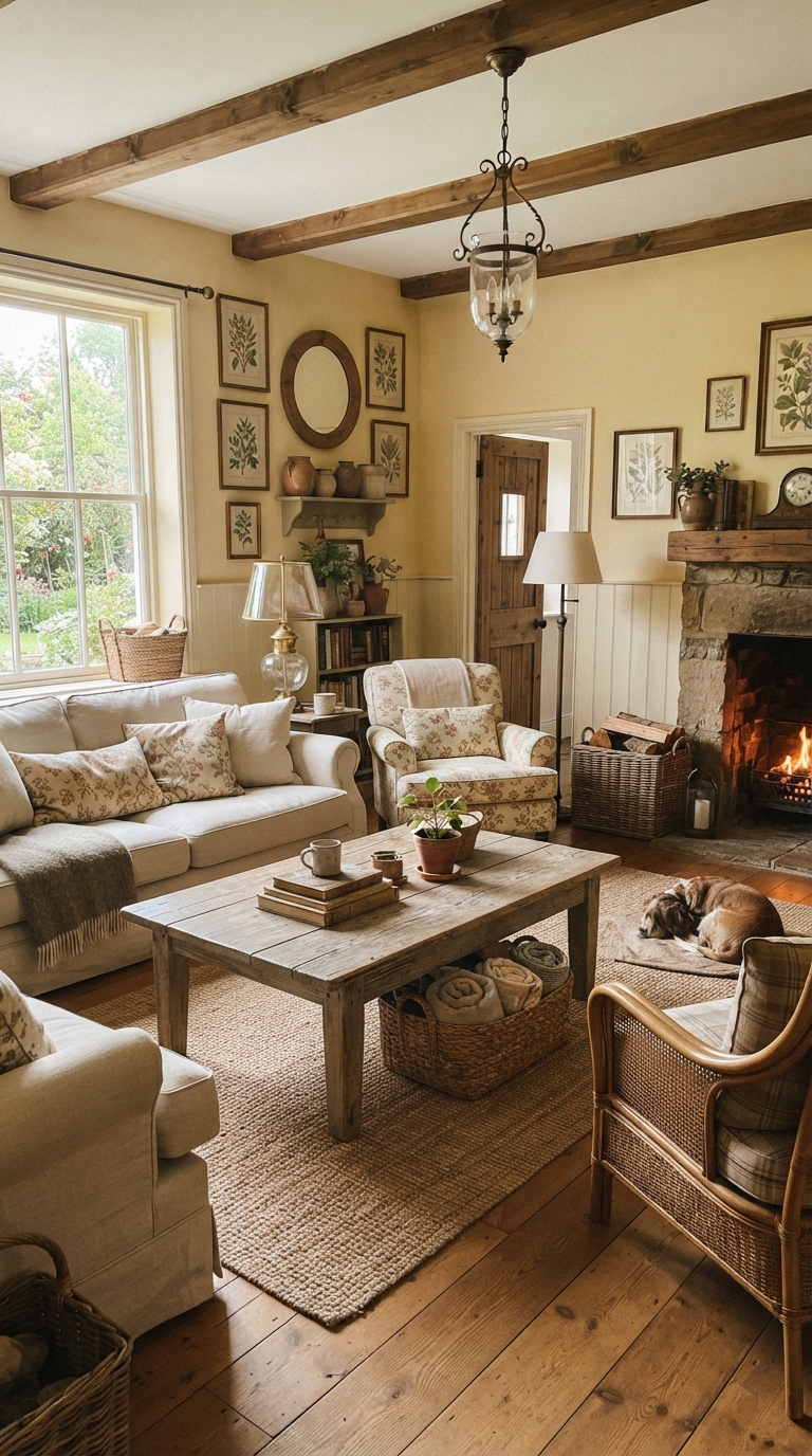 Farmhouse living room with butter yellow walls and vintage decor