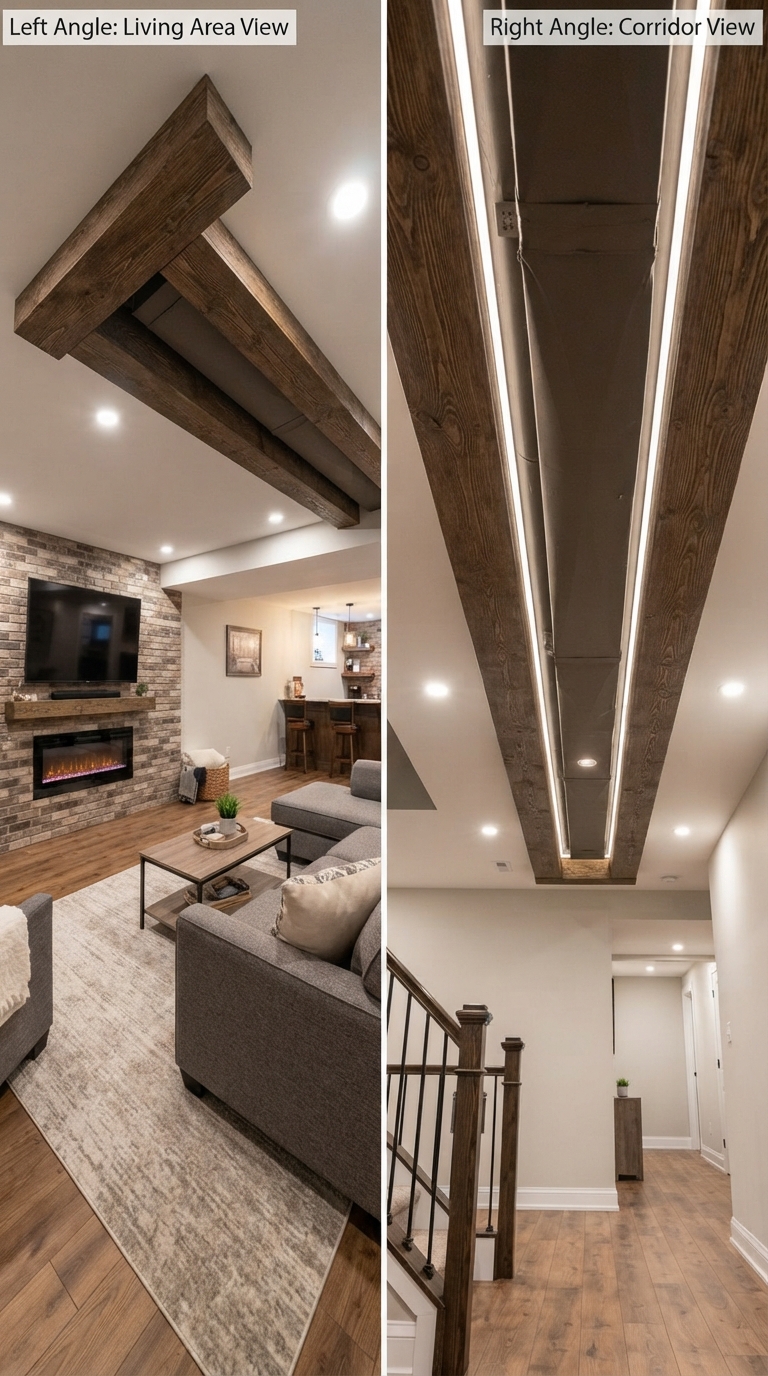 Faux wood beams camouflaging basement ductwork